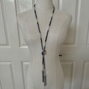 Grey long beaded silver tone chain tassel necklace